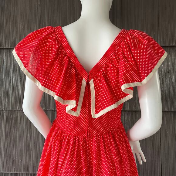 🔥Vintage 80s Swiss Polkadots Striped Ruffled Overlay Full Skirt Dopamine Dress - Picture 9 of 17